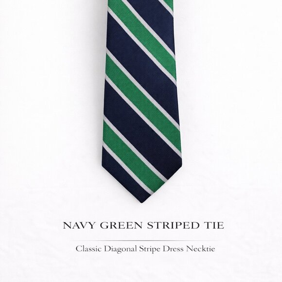Knottery New York Navy Green Striped Tie Classic Diagonal Stripe Dress Necktie - Picture 2 of 9